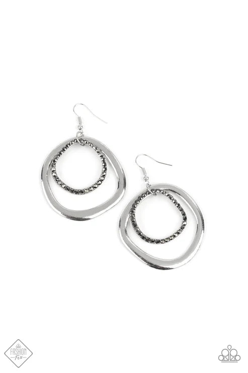 Spinning With Sass - Oversized Silver Edgy Asymmetrical Shapes Hematite Encrusted Silver Ring Links Smoldering Lure Earrings E#7344