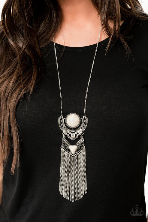 Spirit Trek - Oversized White Stone Tribal Fringe Necklace N#3070