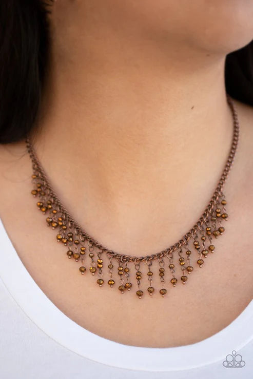 Sporadic Sparkle - Copper Aurum Crystal Stacked Metallic Rods Sporadic Twinkle Fringe Necklace N#7192