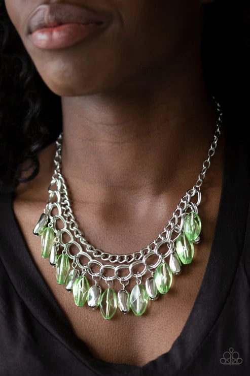 Spring Daydream - Green Glassy Faceted Fringe Necklace N#3960