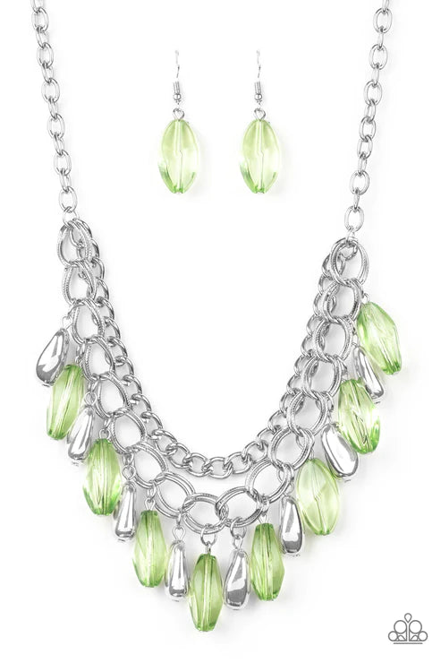 Spring Daydream - Green Glassy Faceted Fringe Necklace N#3960