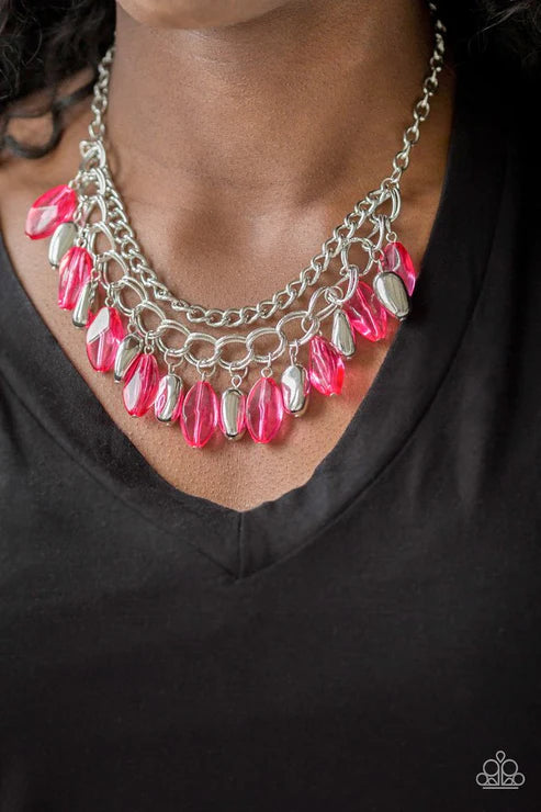 Spring Daydream - Pink Glassy Faceted Fringe Necklace N#4560