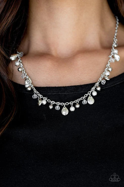 Spring Sophistication - Bubbly White Pearl Faceted Crystal Teardrop Fringe Necklace N#5394