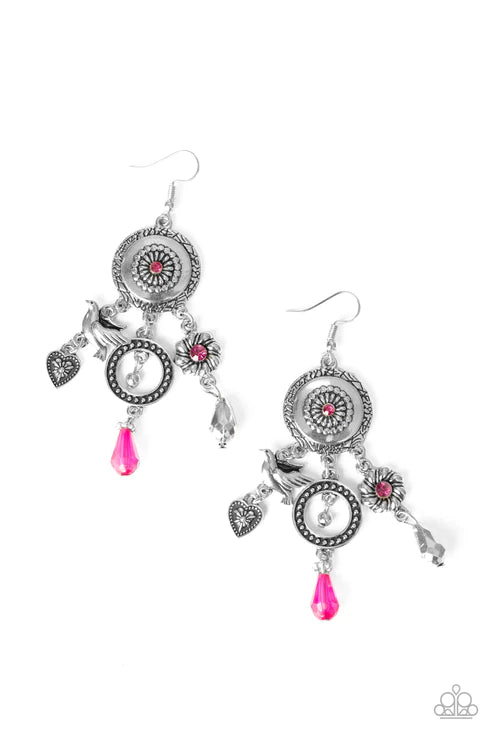 Springtime Essence - Oversized Pink Peacock Decorative Crystal Heart/Flower/Bird Charm Accent Fringe Earrings E#6029
