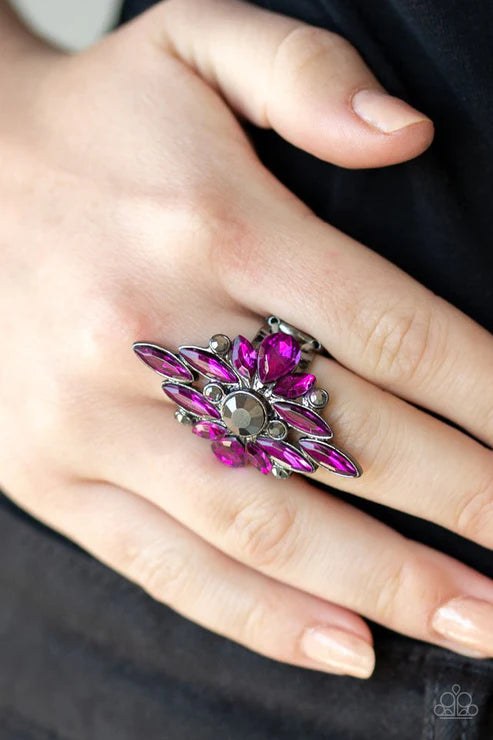 Stand Back - Oversized Pink Peacock Hematite Encrusted Collision Burst Ring R#6419