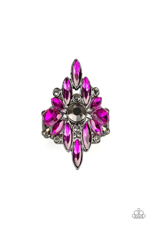 Stand Back - Oversized Pink Peacock Hematite Encrusted Collision Burst Ring R#6419