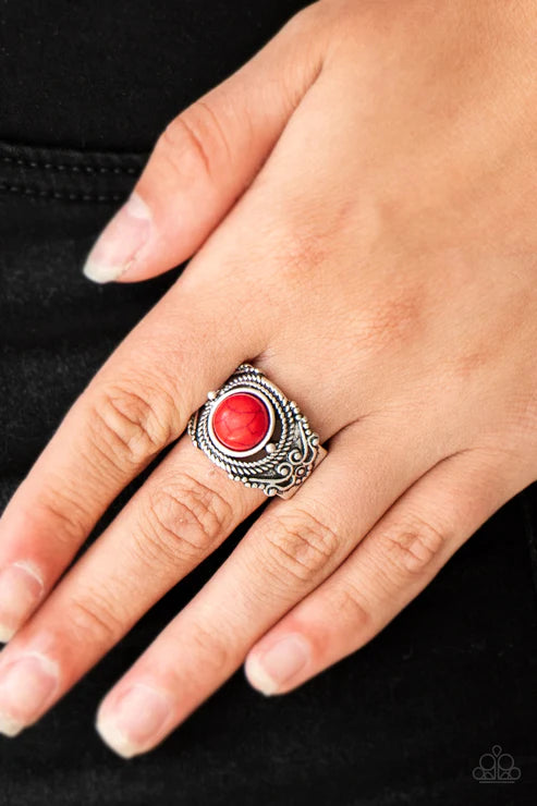 Stand Your Ground - Red Studded Rope Textured Stone Ring R#5275