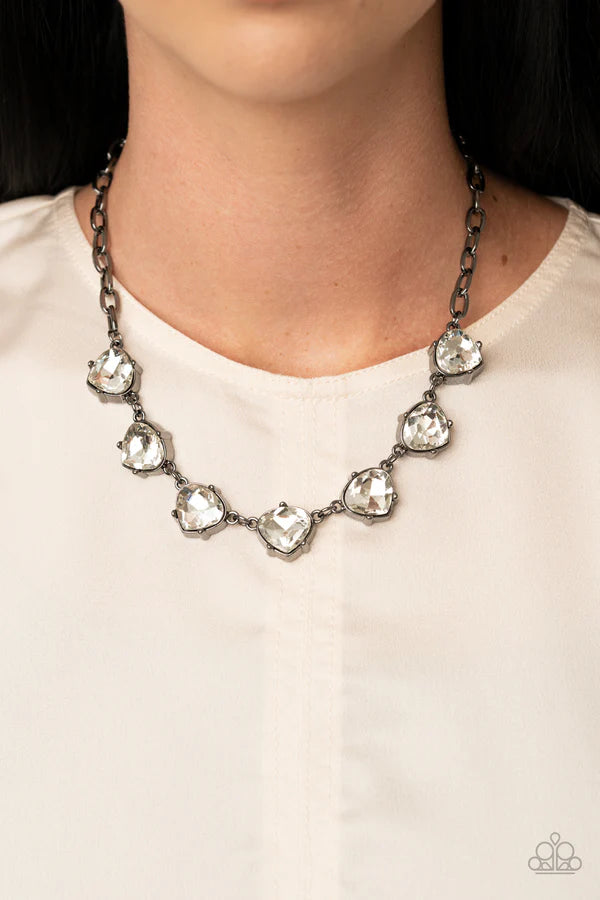 Star Quality Sparkle - Oversized Black Gunmetal Chain Faceted White Teardrop Connect Necklace N#7023