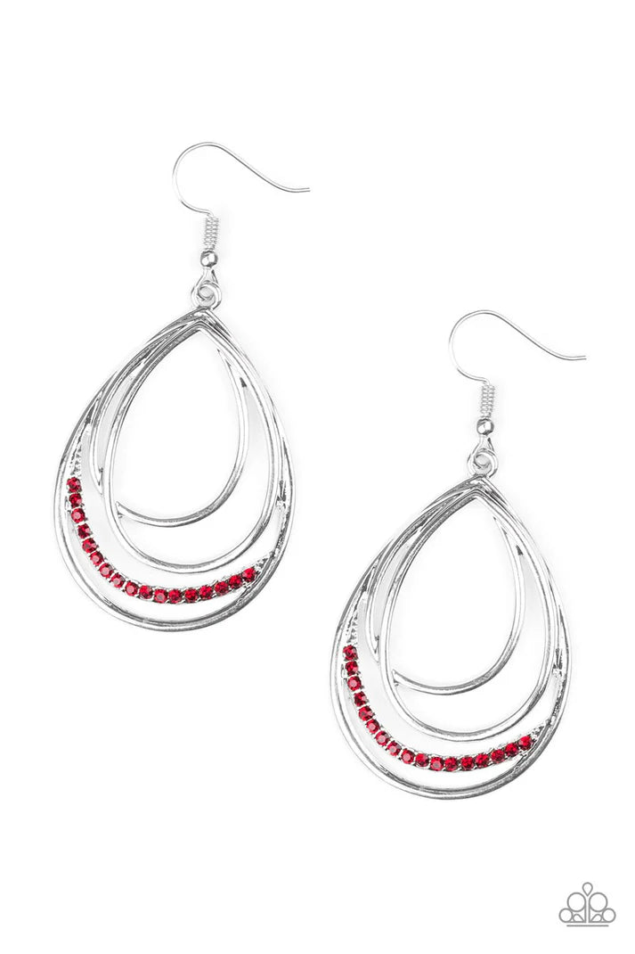 Start Each Day With Sparkle - Red Asymmetrical Encrusted Ribbon Teardrop Earrings E#7218
