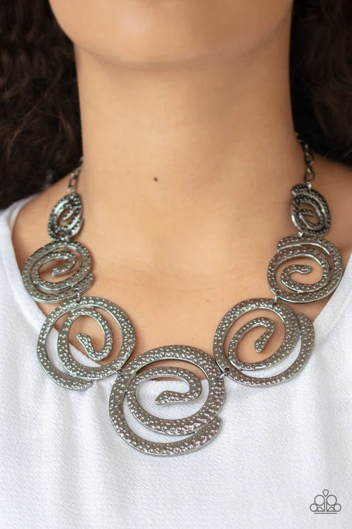 Statement Swirl - Oversized Black Hammered Swirl Link Necklace N#3094