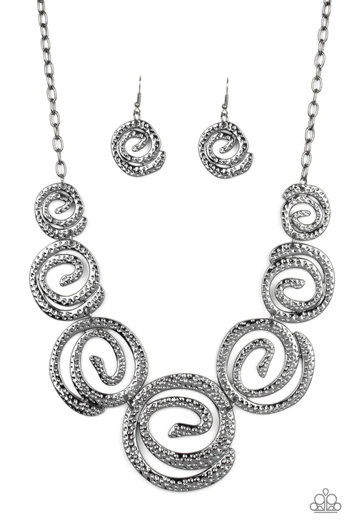 Statement Swirl - Oversized Black Hammered Swirl Link Necklace N#3094