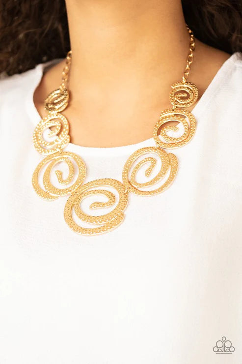 Statement Swirl - Oversized Gold Hammered Swirl Link Necklace N#4257