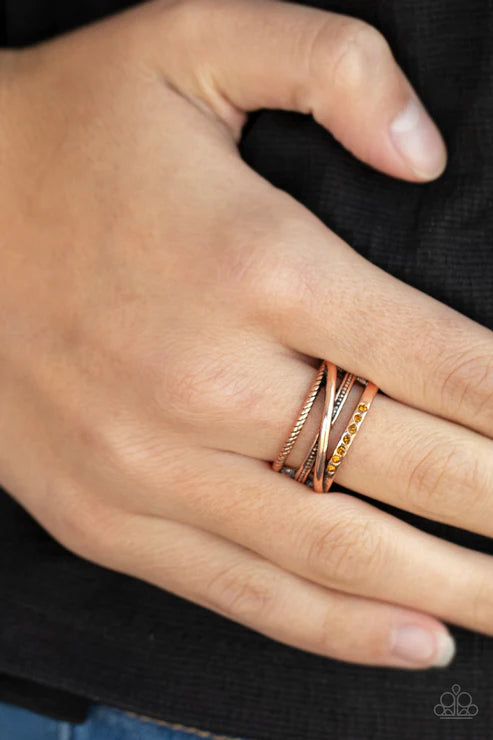 Stay In Your Lane - Copper/Topaz Encrusted Haphazardly Dotted Mismatched Smooth/Textured Bars Ring R#6060