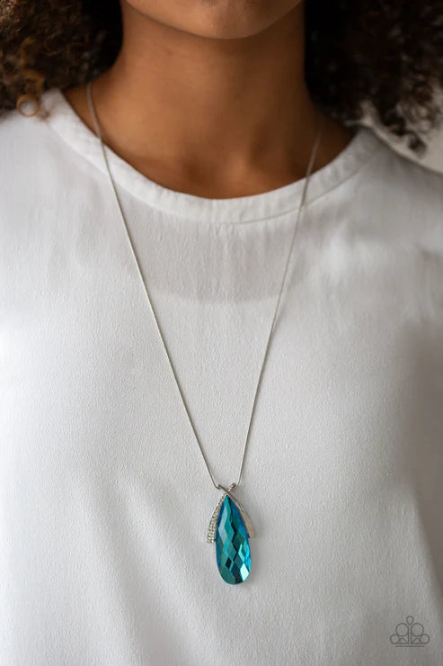 Stellar Sophistication - Oversized Blue Overlap Faceted Encrusted Teardrop Necklace N#6107