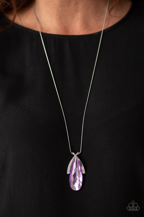 Stellar Sophistication - Oversized Purple Overlap Faceted Encrusted Teardrop Necklace N#5708