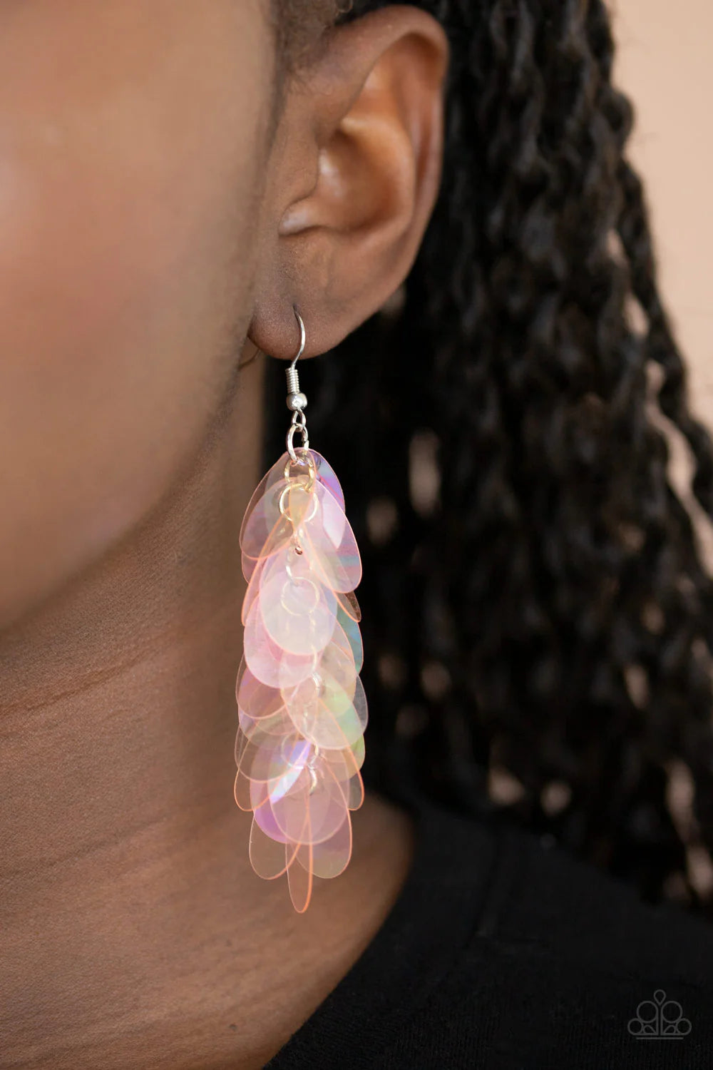Stellar In Sequins - Oversized Pink Iridescent Shimmer Oval Sequins Cascade Fringe Earrings E#7099