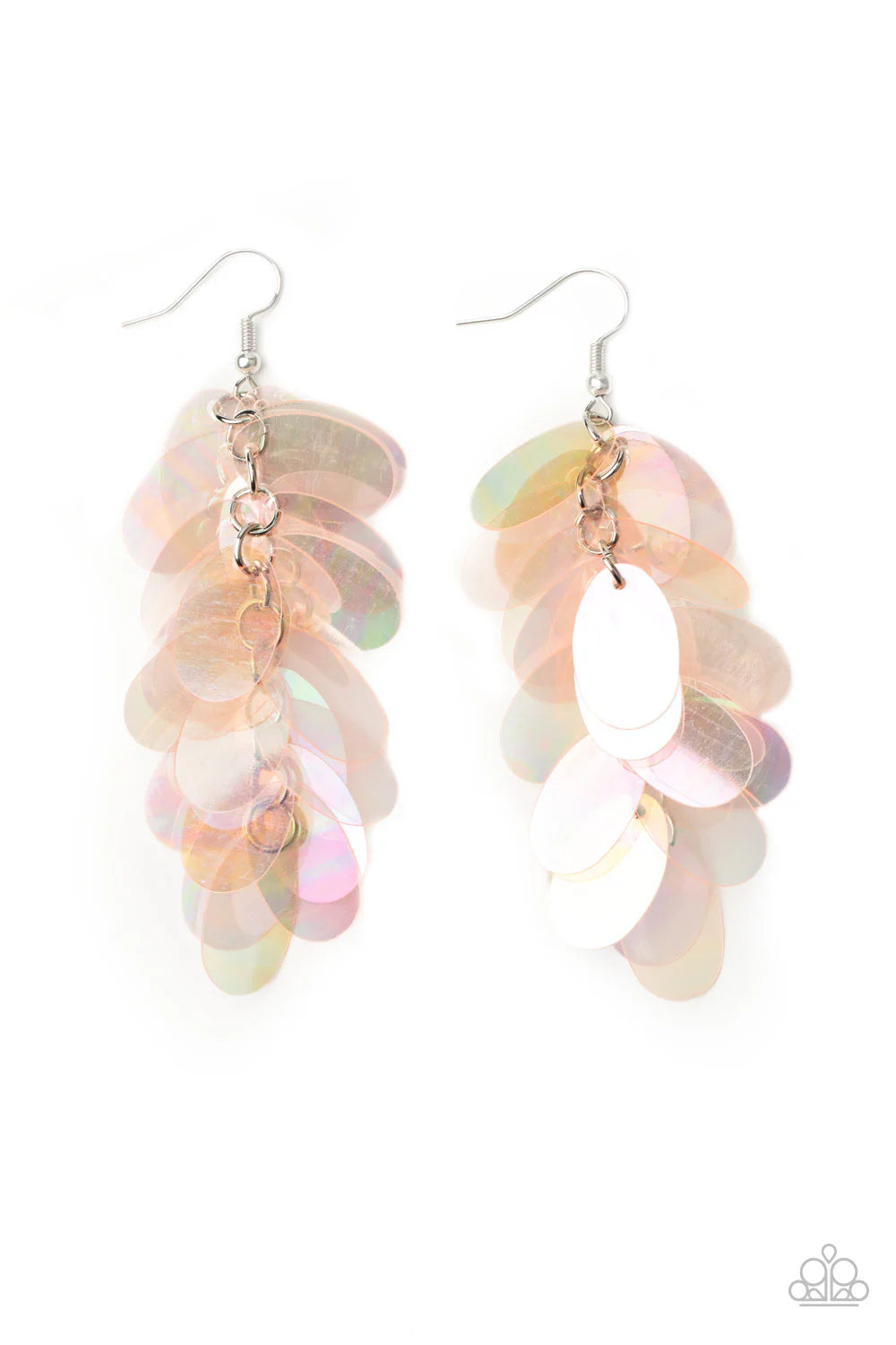 Stellar In Sequins - Oversized Pink Iridescent Shimmer Oval Sequins Cascade Fringe Earrings E#7099