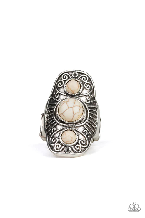 Stone Oracle - Oversized White Round Trio Stacked Antiqued Embossed Linear Tribal Ring R#6672
