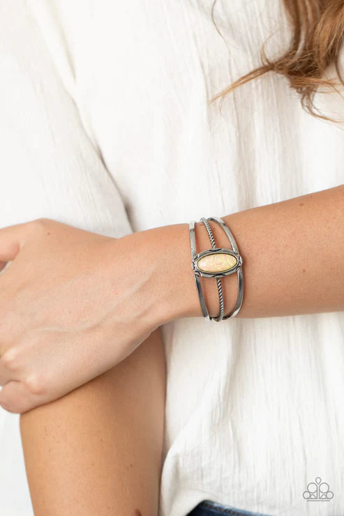 Stone Sahara - Oversized Yellow Glittery Decorative Mismatched Sparkle Stone Cuff Bracelet B#5000