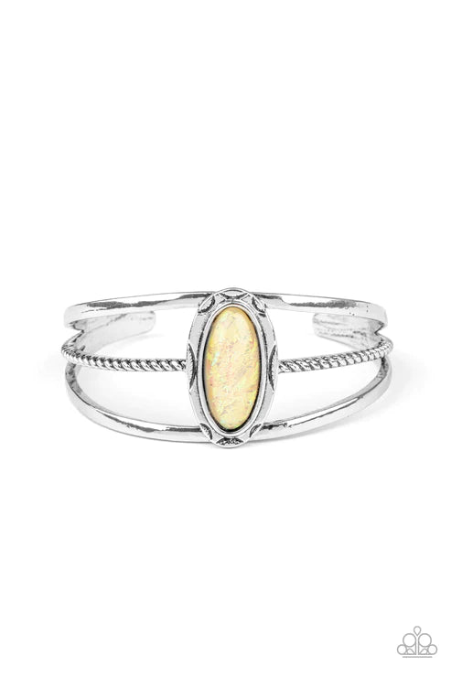 Stone Sahara - Oversized Yellow Glittery Decorative Mismatched Sparkle Stone Cuff Bracelet B#5000