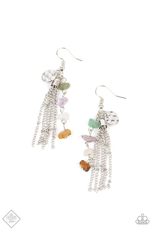 Stone Sensation - Multi Raw Cut Rocks Hammered Silver Disc Chain Tassel Stream Fringe Earrings E#7395