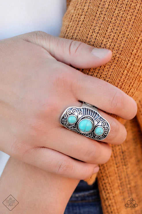 Stone Oracle - Oversized Blue Round Trio Stacked Antiqued Embossed Linear Tribal Ring R#6694