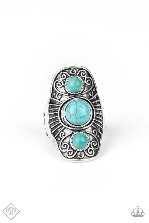 Stone Oracle - Oversized Blue Round Trio Stacked Antiqued Embossed Linear Tribal Ring R#6694