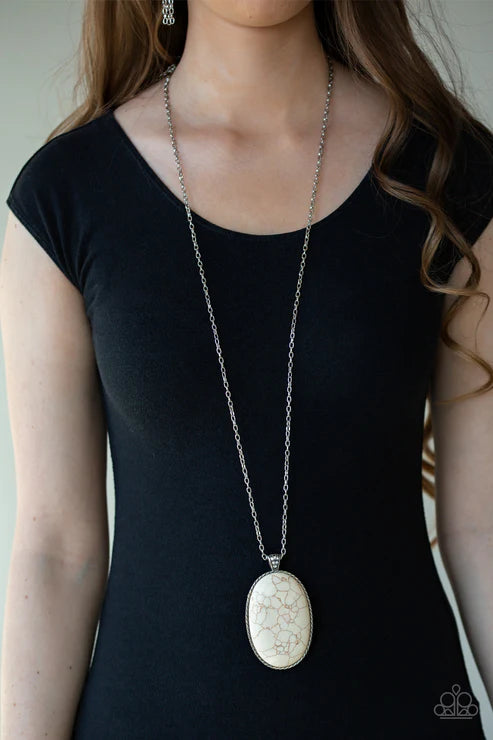 Stone Stampede - Oversized White Chiseled Oval Dramatic Pendant Stone Necklace N#7313
