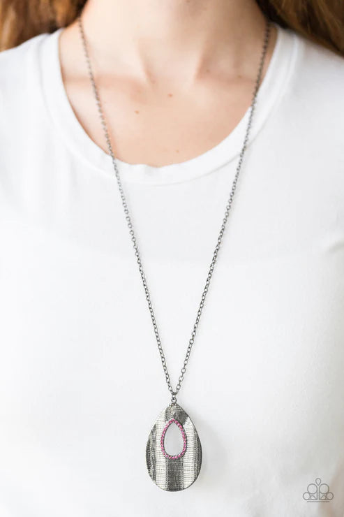 Stop, TEARDROP, and Roll - Oversized Pink/Gunmetal Warped Geometric Linear Encrusted Teardrop Necklace N#6965