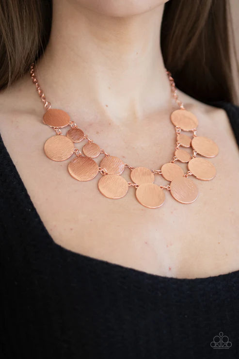 Stop and Reflect - Oversized Copper Blinding Scratch Shimmer Discs Link Radiant Rows Necklace N#4735