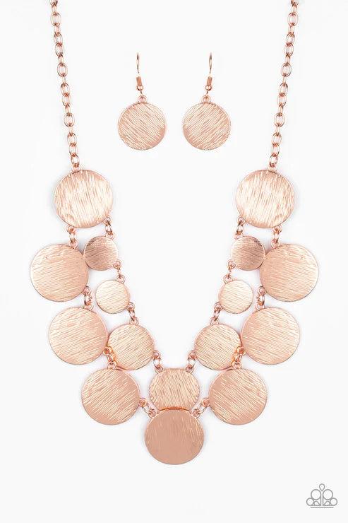 Stop and Reflect - Oversized Copper Blinding Scratch Shimmer Discs Link Radiant Rows Necklace N#4735