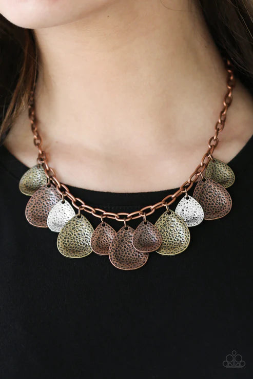 Storm Goddess - Copper (Copper/Brass/Silver) Hammered Light-Catching Shimmer Teardrop Drip Bold Fringe Necklace N#4743