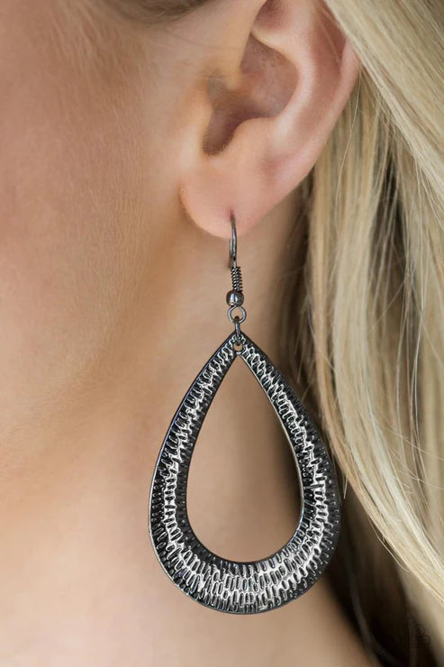 Straight Up Shimmer - Oversized Black Etched Shimmer Industrial Teardrop Earrings E#5828