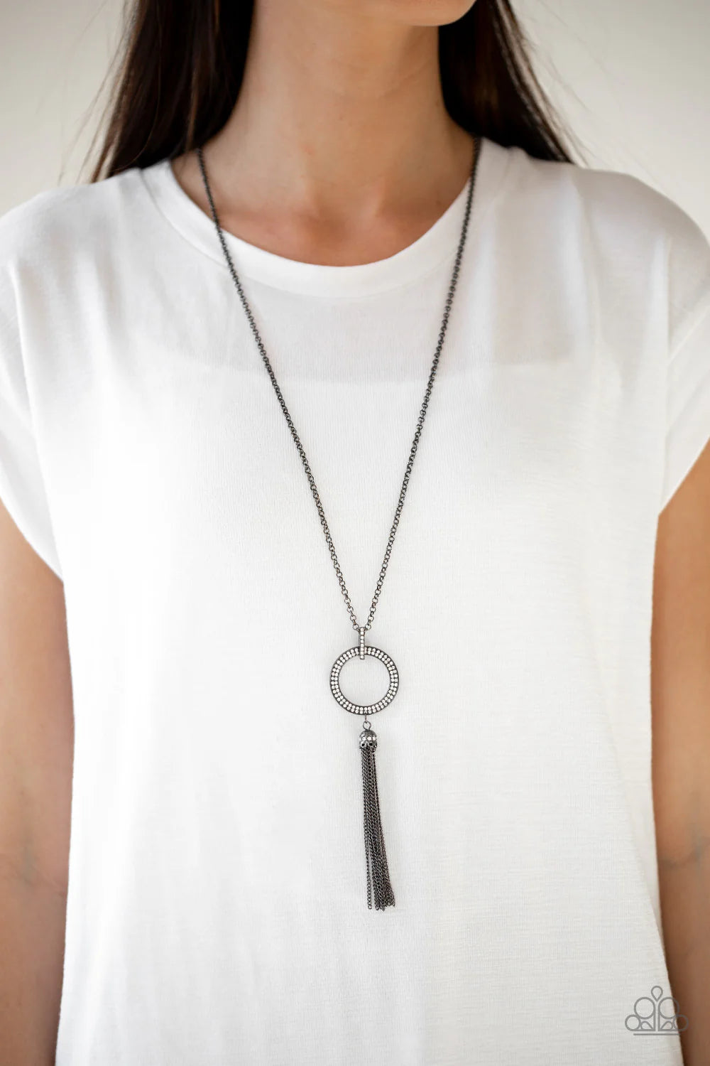 Straight To The Top - Black/Gunmetal Encrusted Hoop Tassel Necklace N#7041