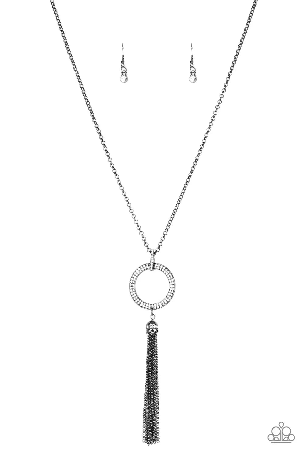 Straight To The Top - Black/Gunmetal Encrusted Hoop Tassel Necklace N#7041
