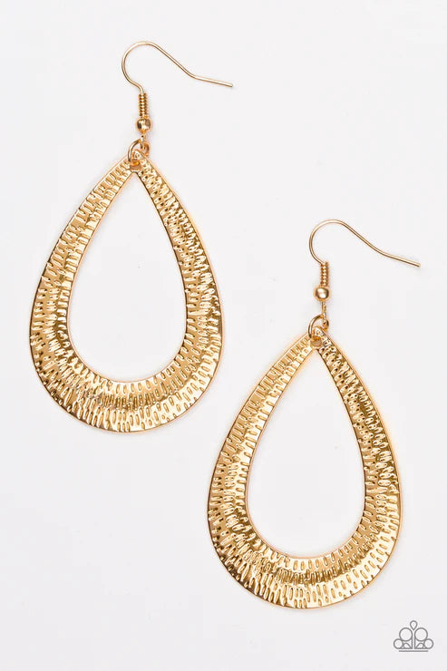Straight Up Shimmer - Oversized Gold Etched Shimmer Industrial Teardrop Earrings E#7309