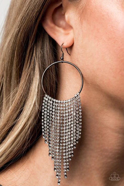 Streamlined Shimmer - Oversized Black Tapered Rows Glittery White Encrusted Cascade Gunmetal Hoop Glitzy Fringe Earrings E#7365