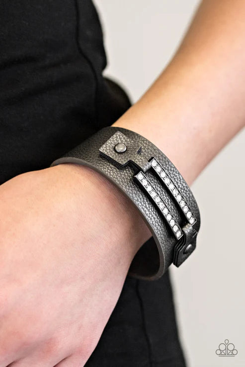 Street Glam - Metallic Black/Gunmetal Studded Encrusted Leather Bracelet B#6195