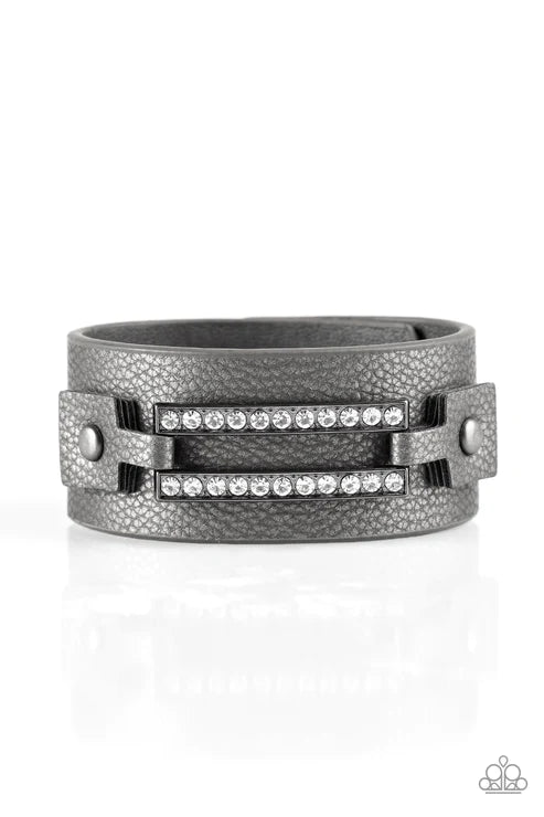 Street Glam - Metallic Black/Gunmetal Studded Encrusted Leather Bracelet B#6195