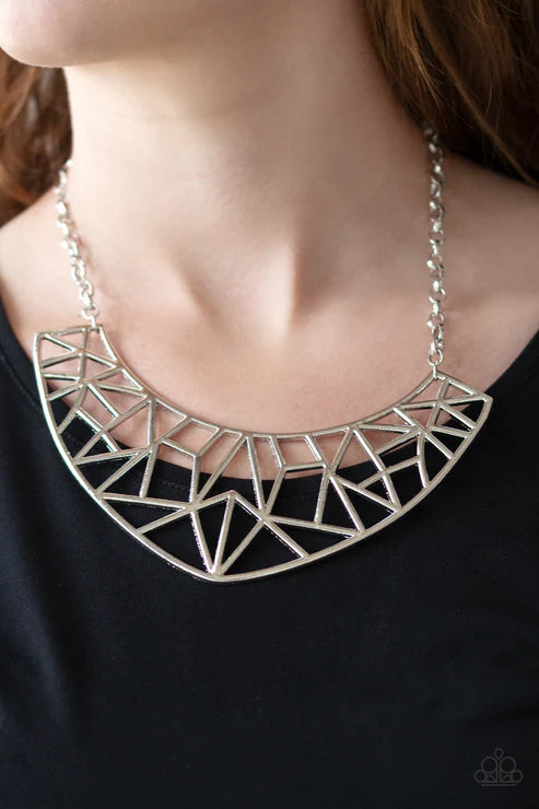 Strike While HAUTE - Oversized Silver Shattered Crescent Necklace N#3577