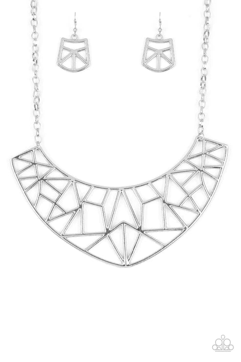 Strike While HAUTE - Oversized Silver Shattered Crescent Necklace N#3577