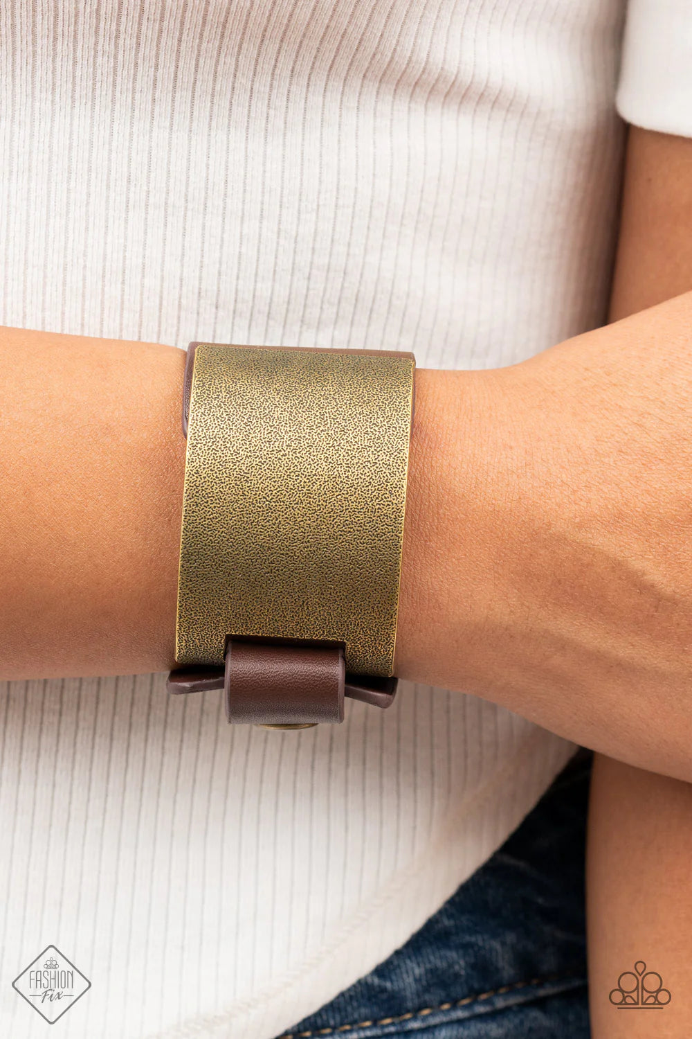 Studded Synchronism - Oversized Brass Curved Textured Industrial Leather Urban Bracelet B#7173