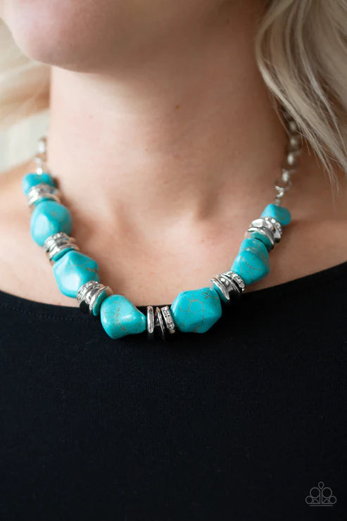 Stunningly Stone Age - Oversized Blue Stones Accents Encrusted Rings Necklace N#3593