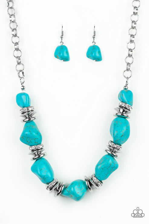 Stunningly Stone Age - Oversized Blue Stones Accents Encrusted Rings Necklace N#3593