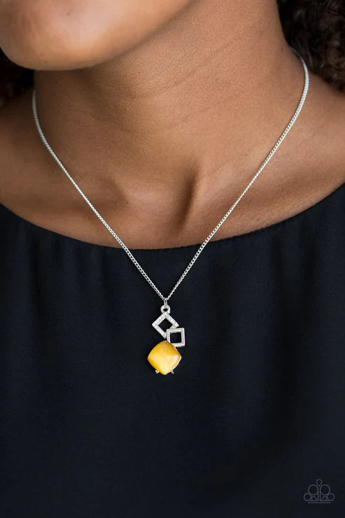 Stylishly Square - Yellow Cat's Eye Moonstone Encrusted Square Necklace N#6769