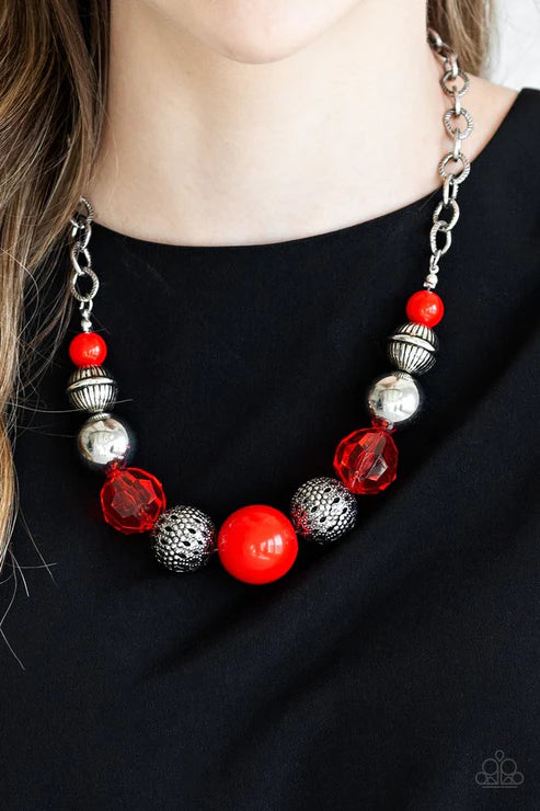 Sugar, Sugar - Oversized Red Crystal Textured Linear Accent Necklace N#6323
