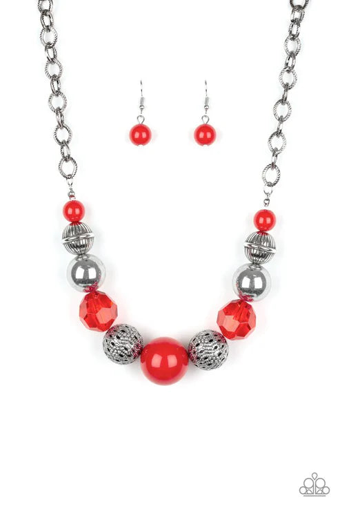Sugar, Sugar - Oversized Red Crystal Textured Linear Accent Necklace N#6323