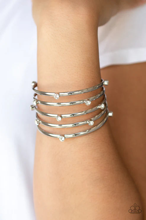 Sugarlicious Sparkle - Oversized White Sporadically Dotted Encrusted Stacked Cuff Bracelet B#5945