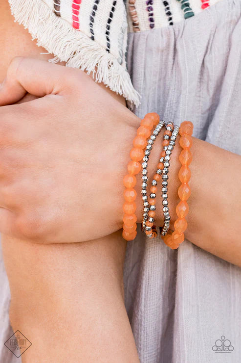 Sugary Sweet - Orange Collection Opaque Orange Peel Crystal-like Silver Accents Bracelet Stack B#7364