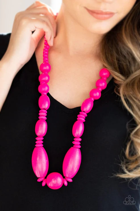 Summer Breezin - Oversized Pink Distressed Wood Accent Draped Necklace N#4824